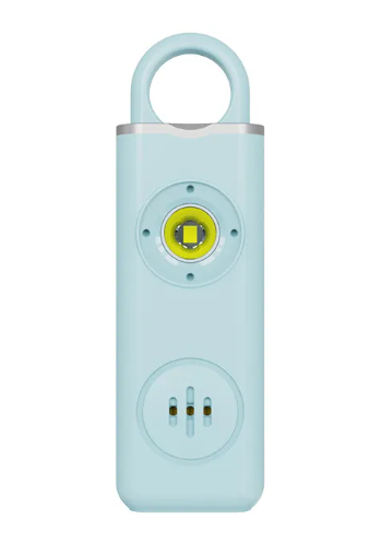 Light blue electronic device with a yellow button on a white background