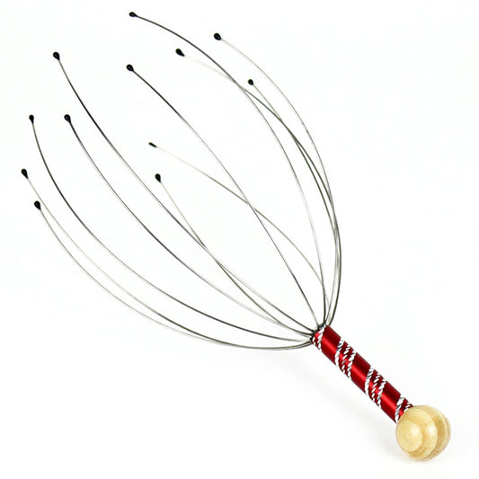 Massage tool with red handle and gold ball on a white background