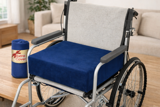 Wheelchair with a blue cushion in a living room setting