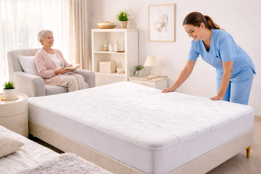 Person placing a mattress topper on a bed while an elderly woman reads in the background.
