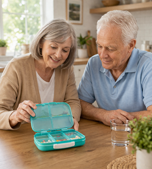Senior couple looking at a teal pill organizer with a glass of water on a kitchen counter.